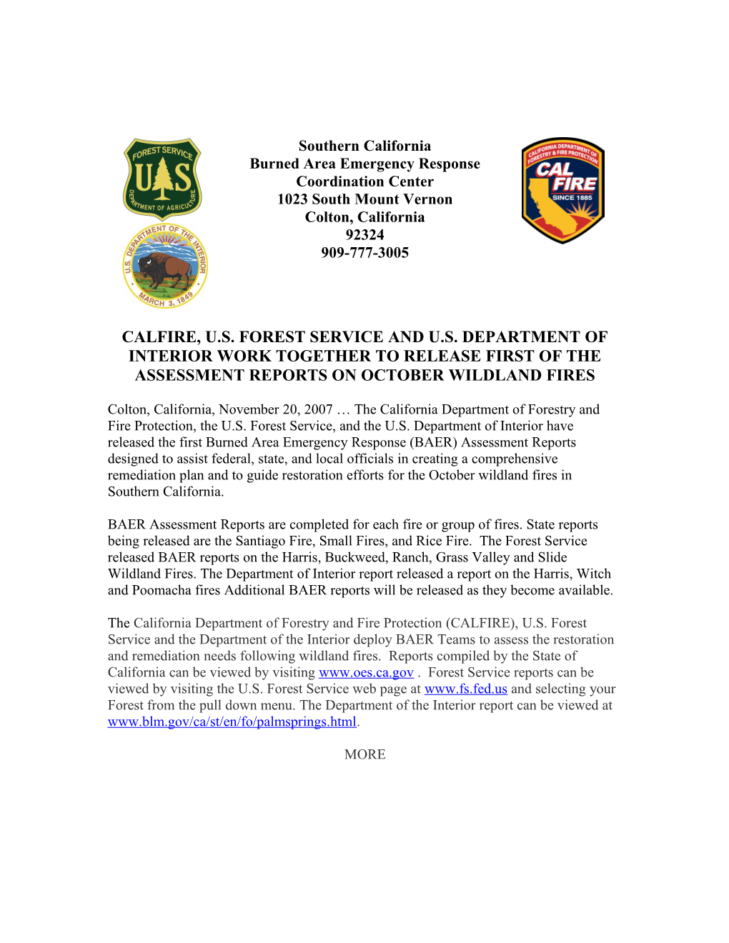 Colton, California the First Burned Area Emergency Response, (BAER), Assessment Plans Designed