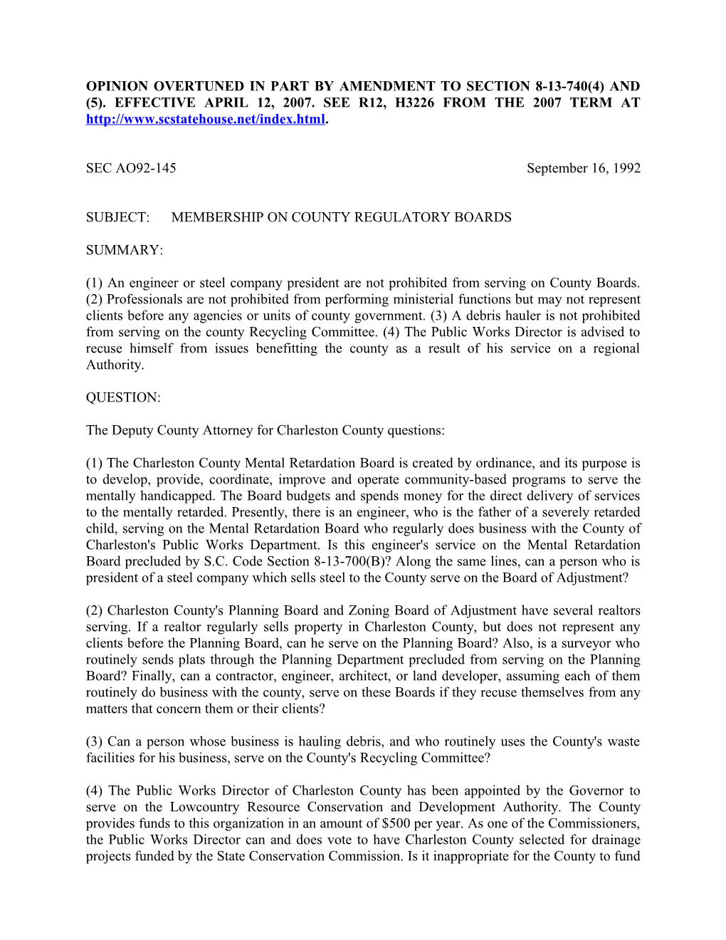 Subject: Membership on County Regulatory Boards