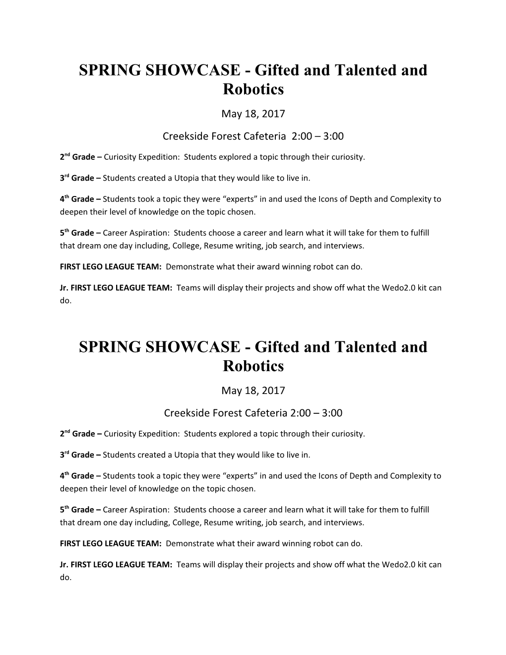 SPRING SHOWCASE - Gifted and Talented and Robotics