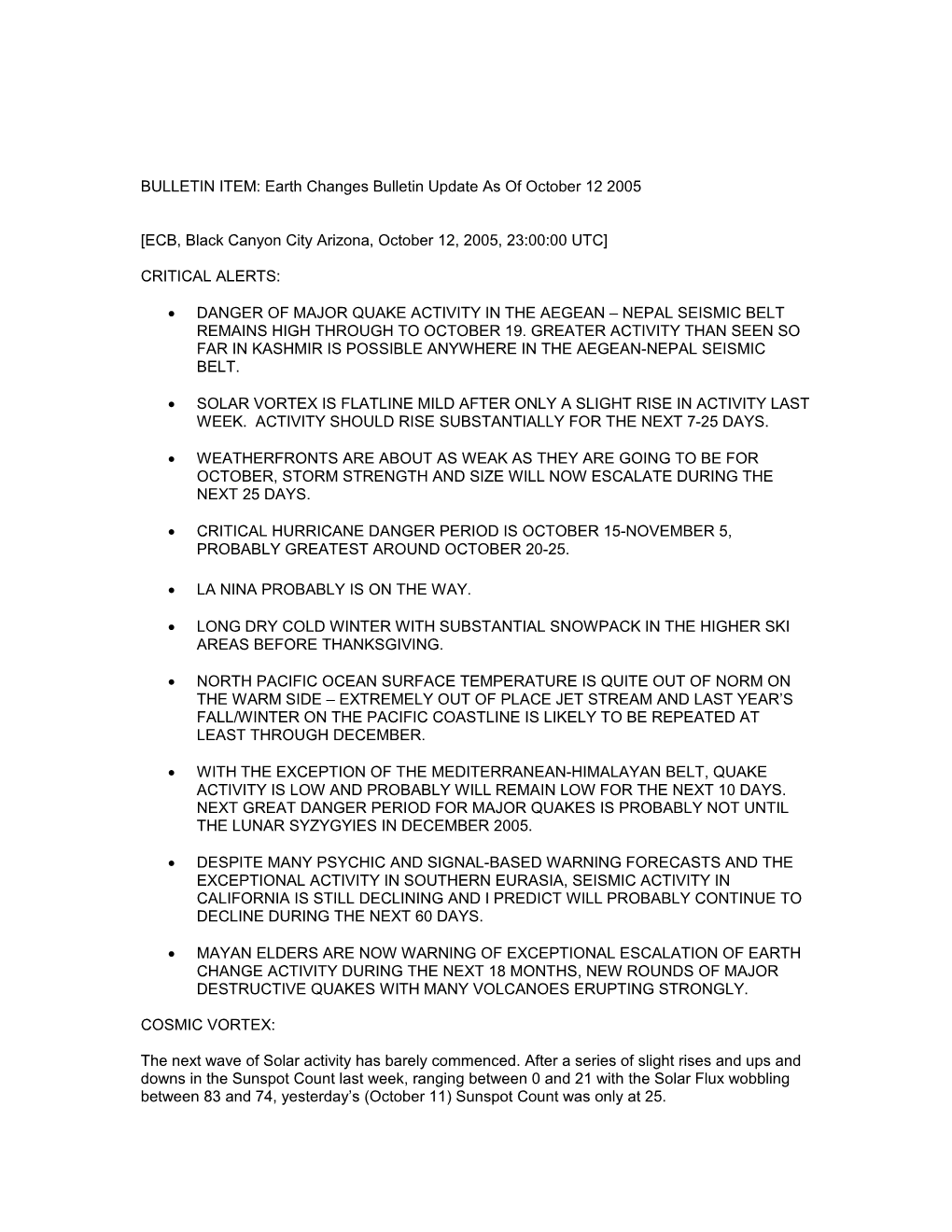 BULLETIN ITEM: Earth Changes Bulletin Update As of September 28 2005