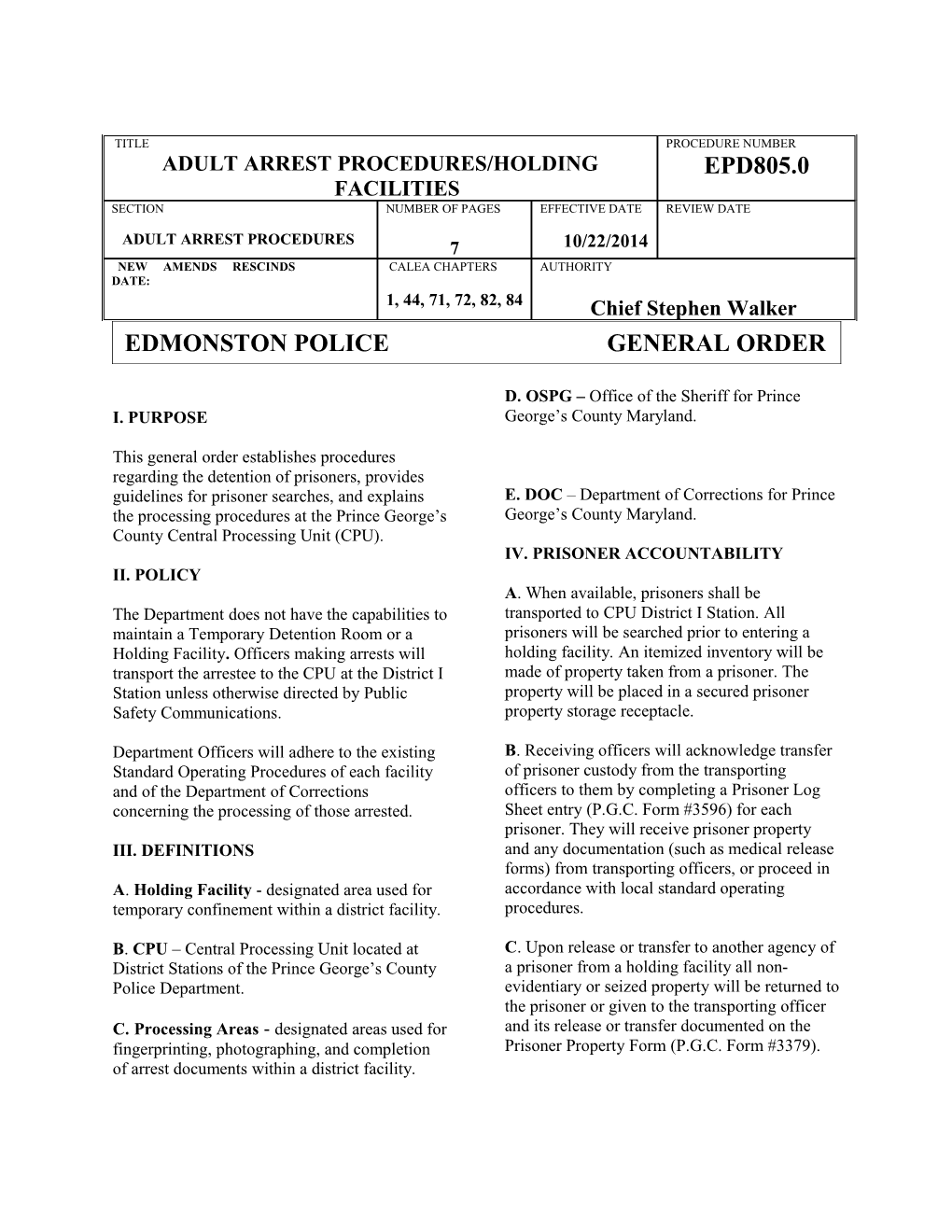Adult Arrest Procedures/Holding Facilities Epd 805.0
