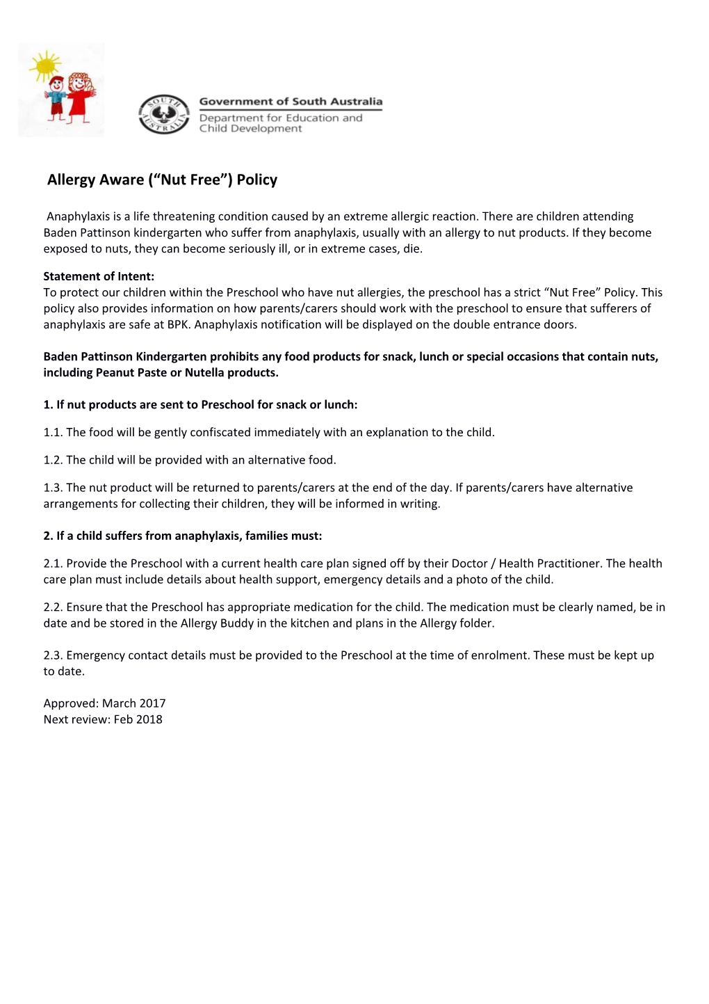 Allergy Aware ( Nut Free ) Policy