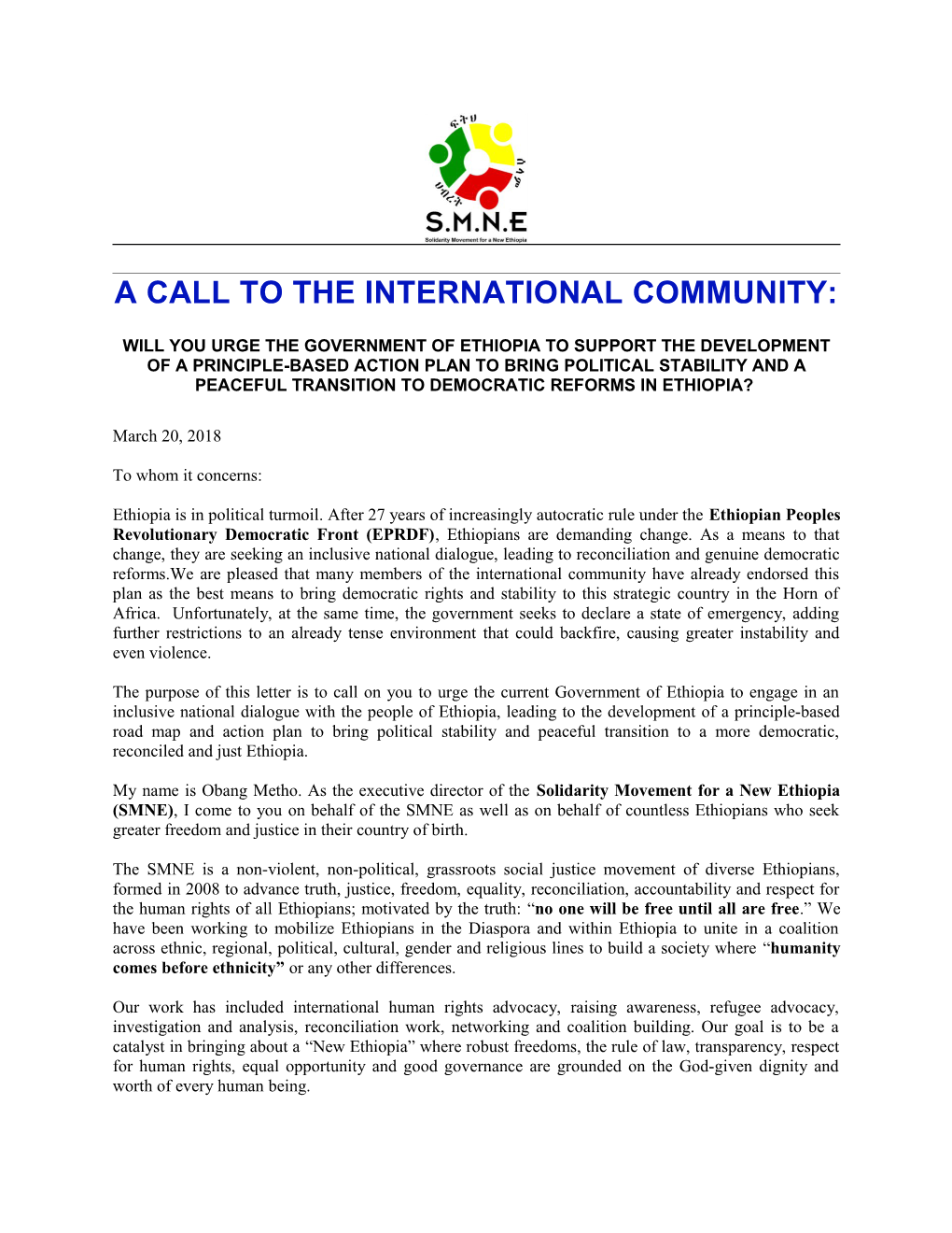 A Call to the International Community
