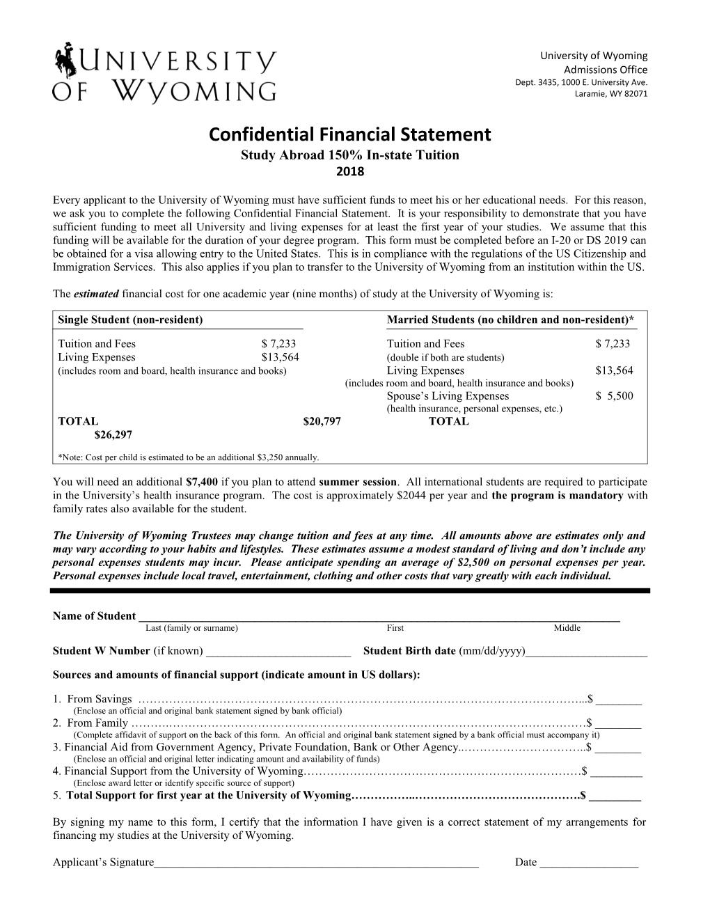 Confidential Financial Statement Study Abroad 150% In-State Tuition