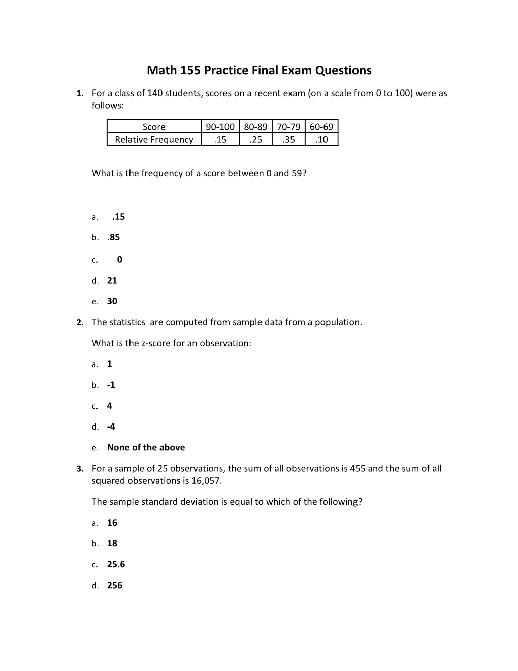 Math 155 Practice Final Exam Questions