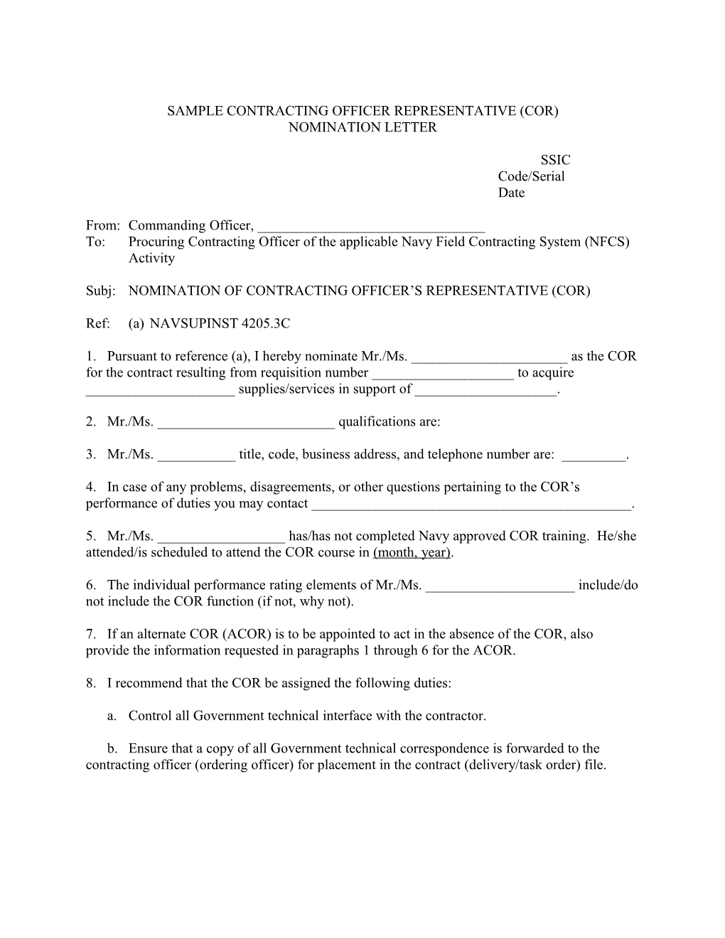 Sample Contracting Officer Representative (Cor) Nomination Letter