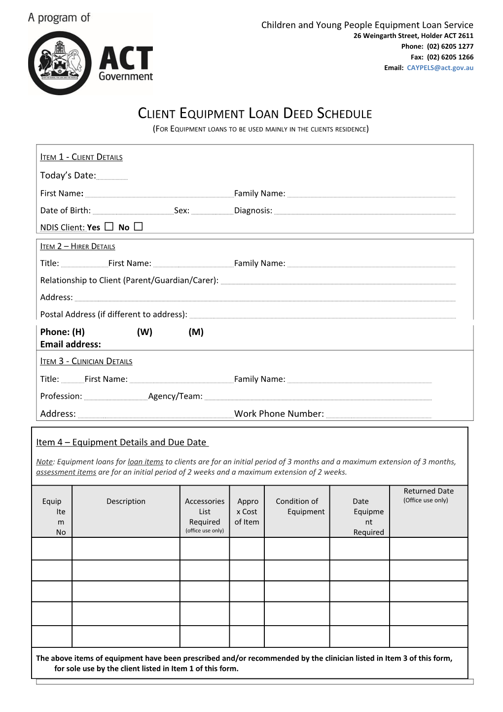 Equipment Loan Deed Schedule