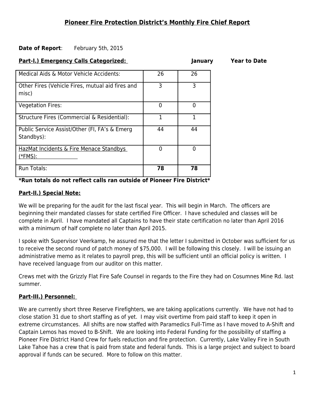 Pioneer Fire Protection District S Monthly Fire Chief Report s1