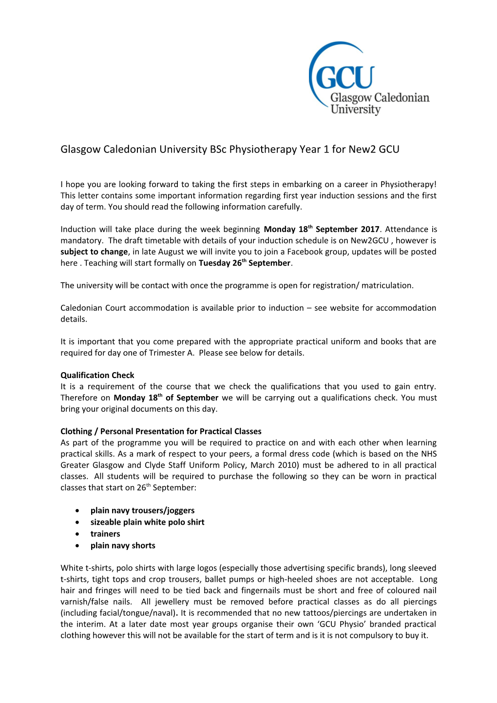 Glasgow Caledonian University Bsc Physiotherapy Year 1 for New2 GCU s1