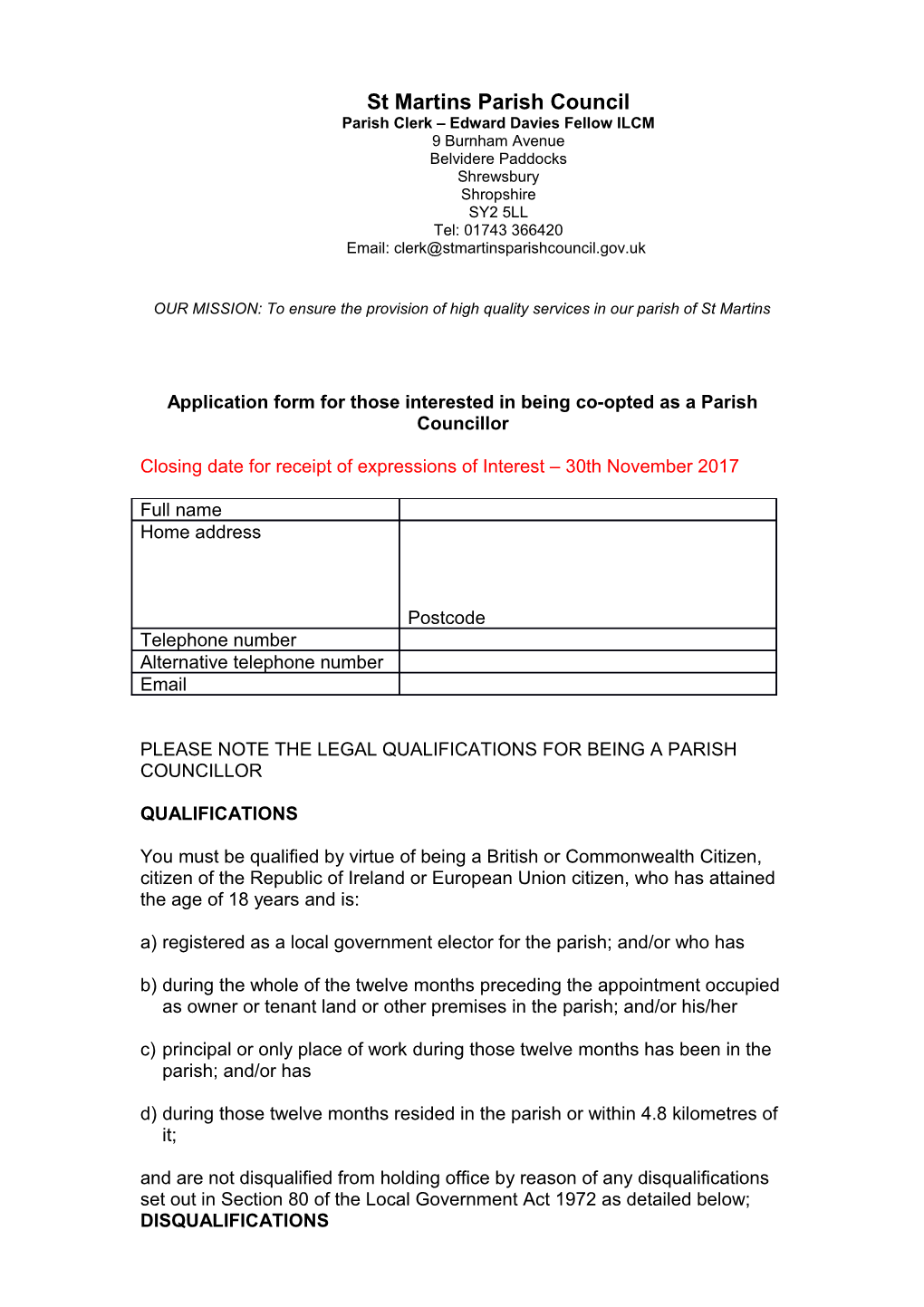 Application Form for Those Interested in Being Co-Opted As a Parish Councillor