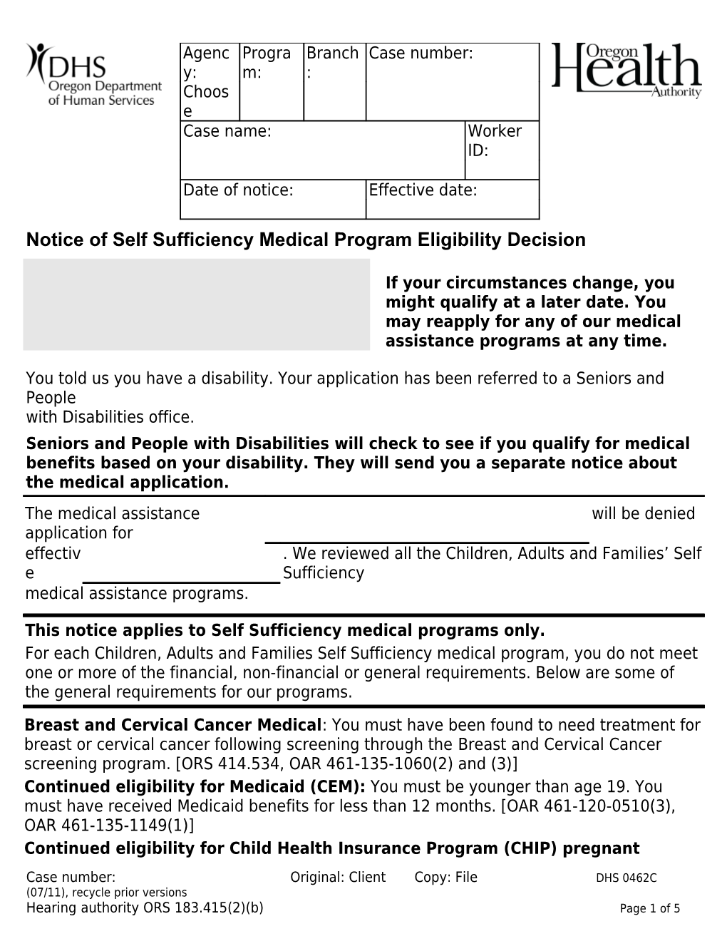 Medical Assistance Denial Notice DHS 0462A (5/06)