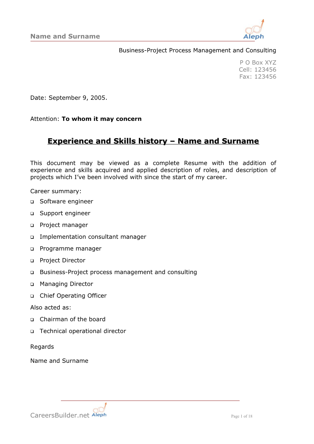 Experience and Skills History Name and Surname