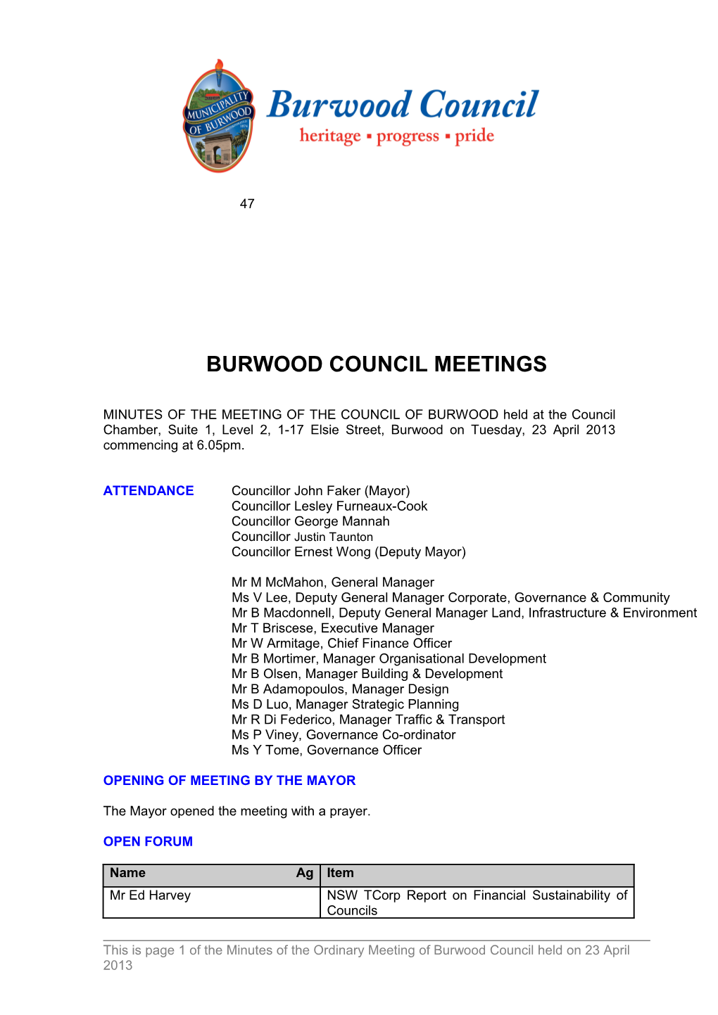 Pro-Forma Minutes of Burwood Council Meetings - 23 April 2013