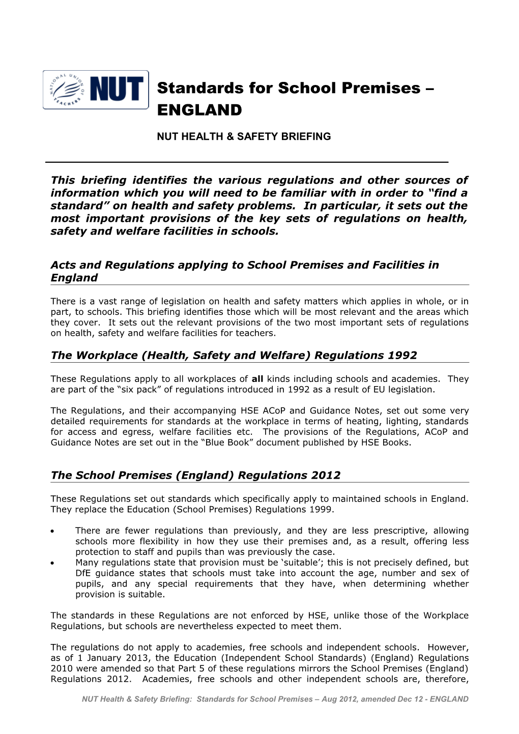 Acts and Regulations Applying to School Premises and Facilities in England