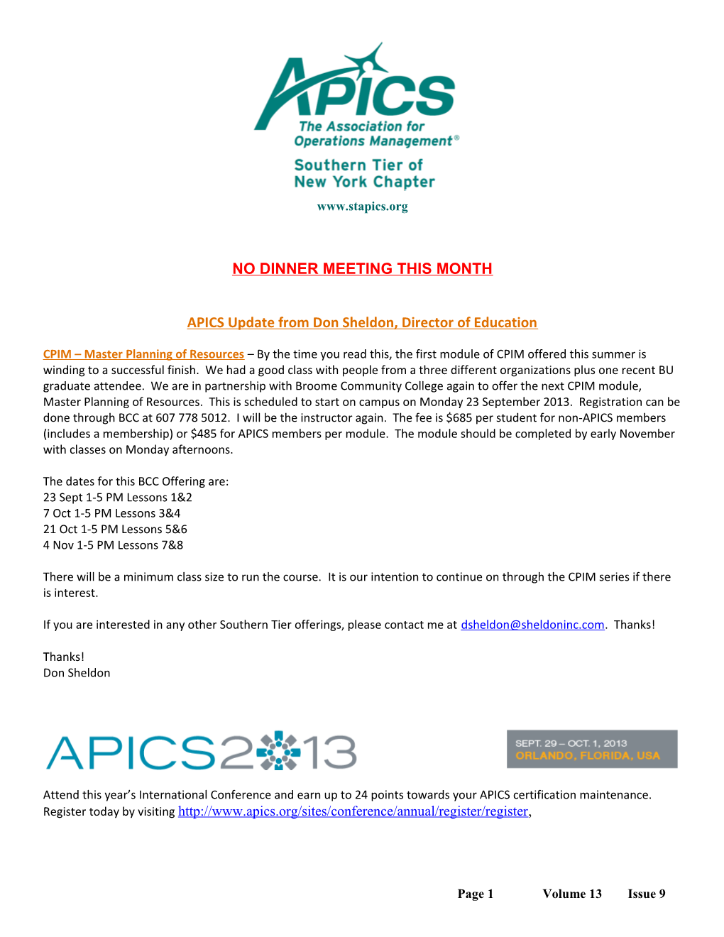 APICS Update from Don Sheldon, Director of Education