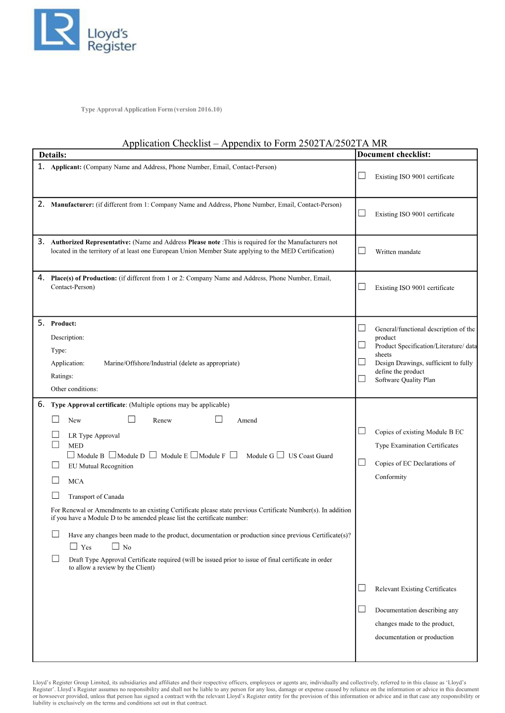 Application Checklist Appendix to Form 2502TA/2502TA MR