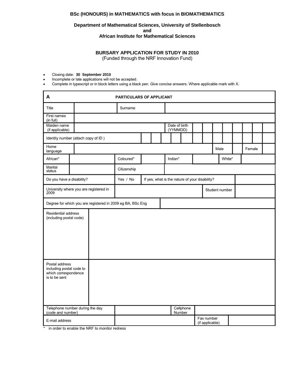 Application for Nrf Free-Standing Honours Bursary for 2004 s1