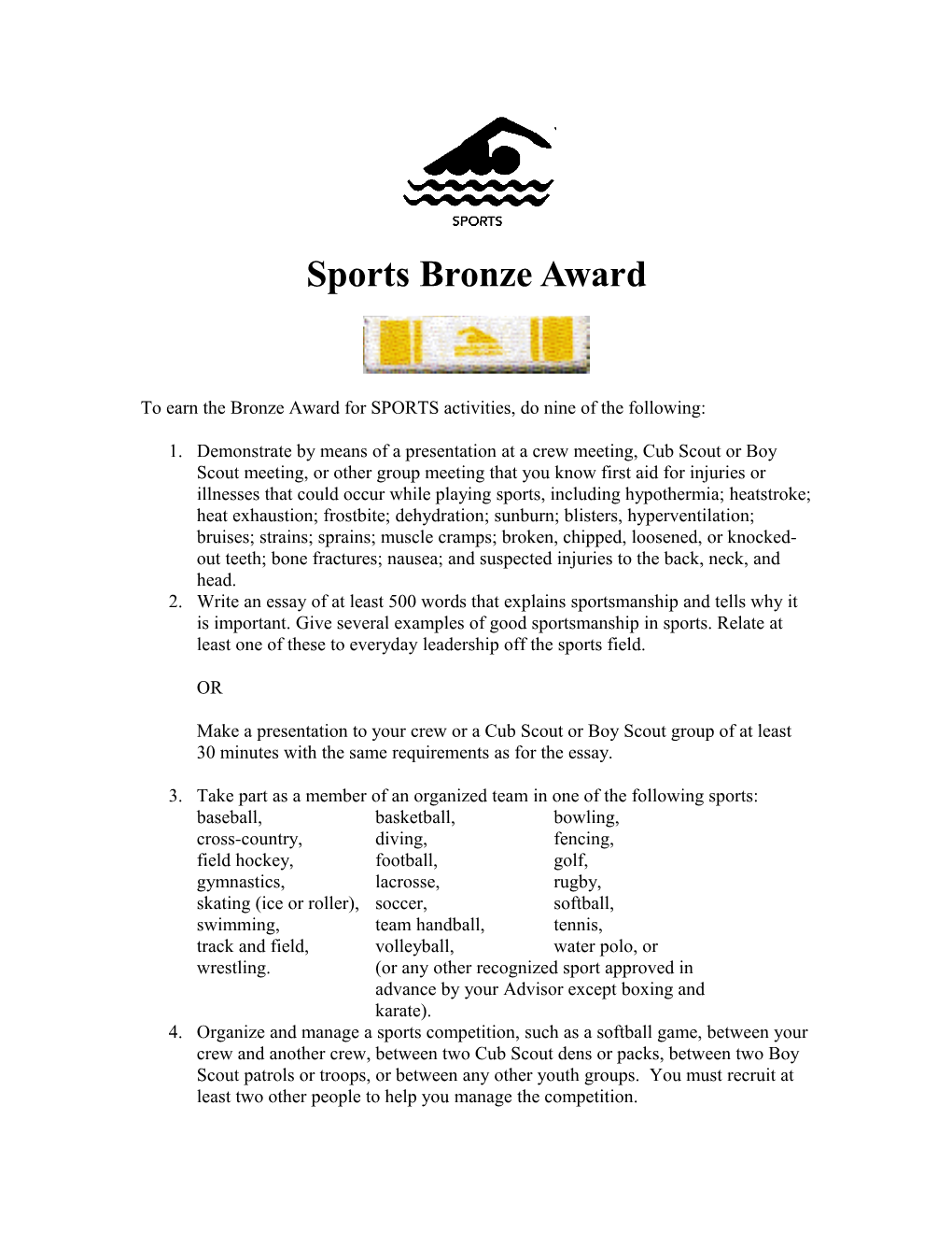 To Earn the Bronze Award for SPORTS Activities, Do Nine of the Following