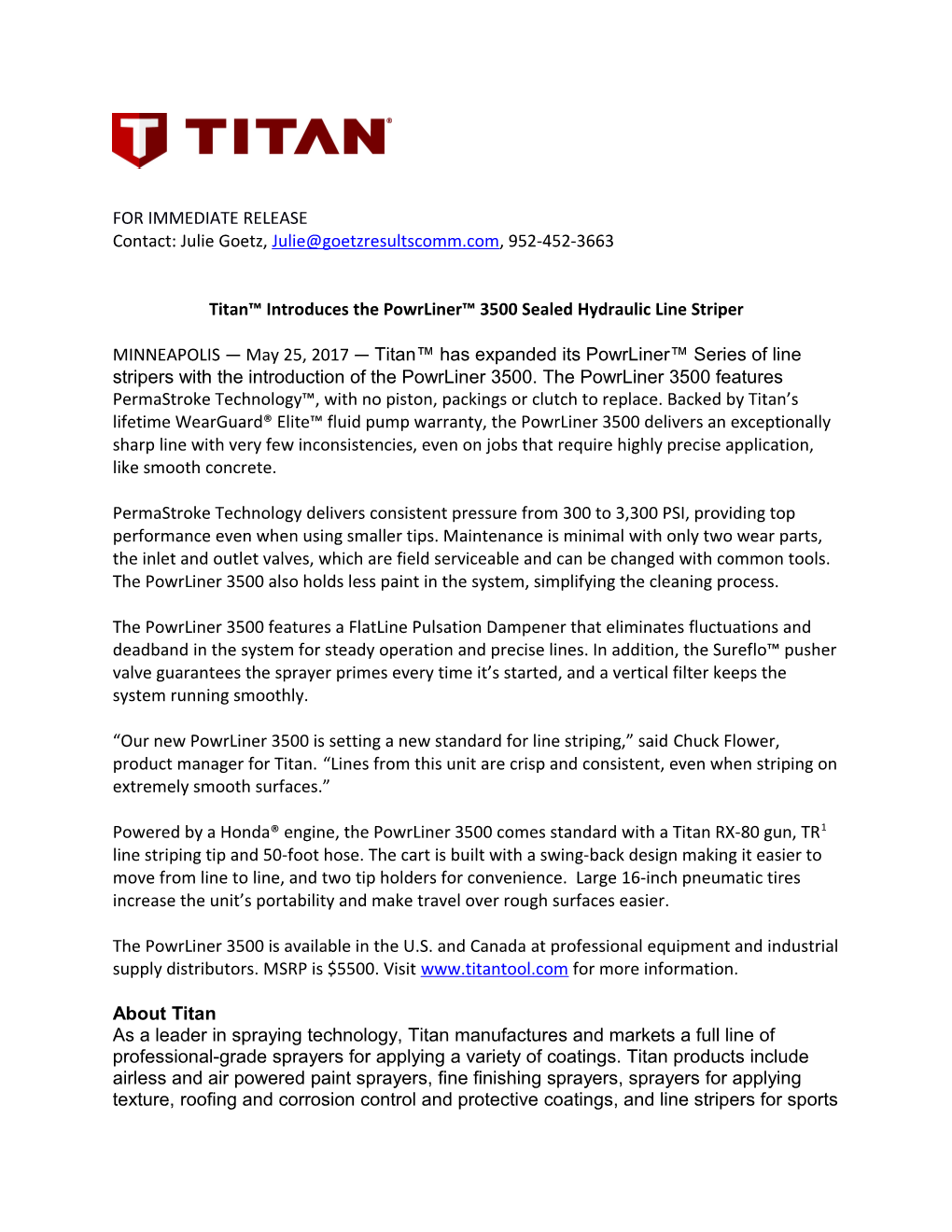 Titan Introduces the Powrliner 3500 Sealed Hydraulic Line Striper