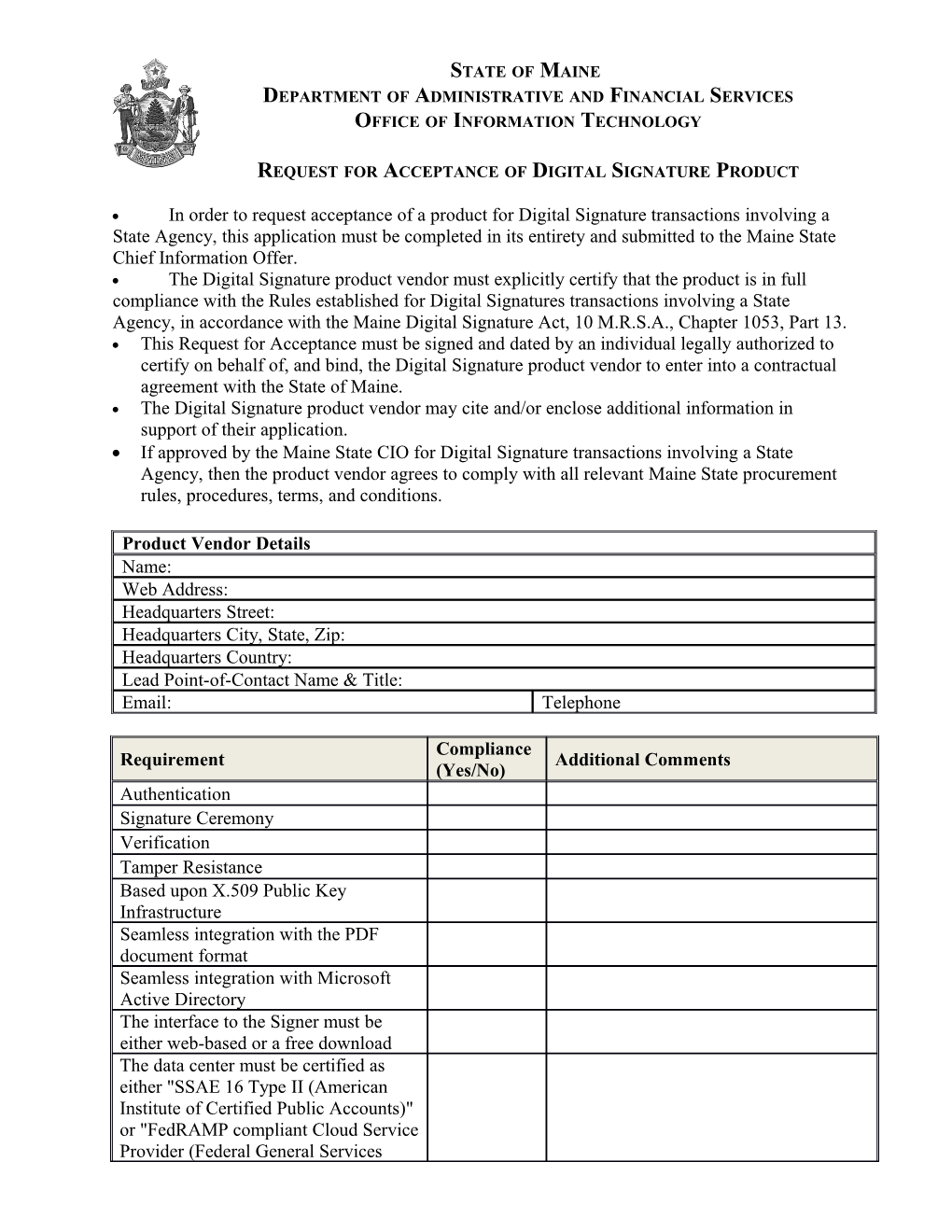 Request for Digital Signature Product Acceptance