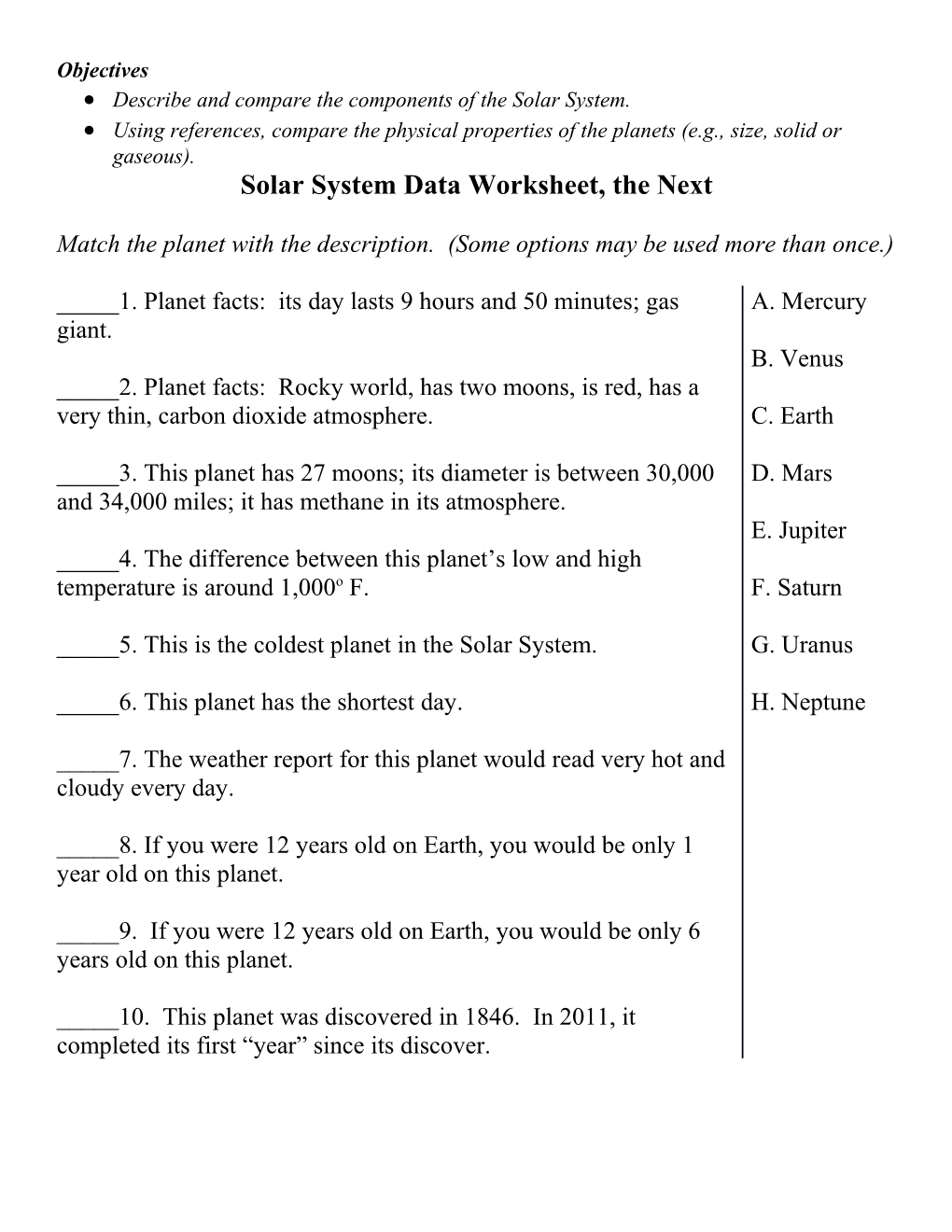 Describe and Compare the Components of the Solar System