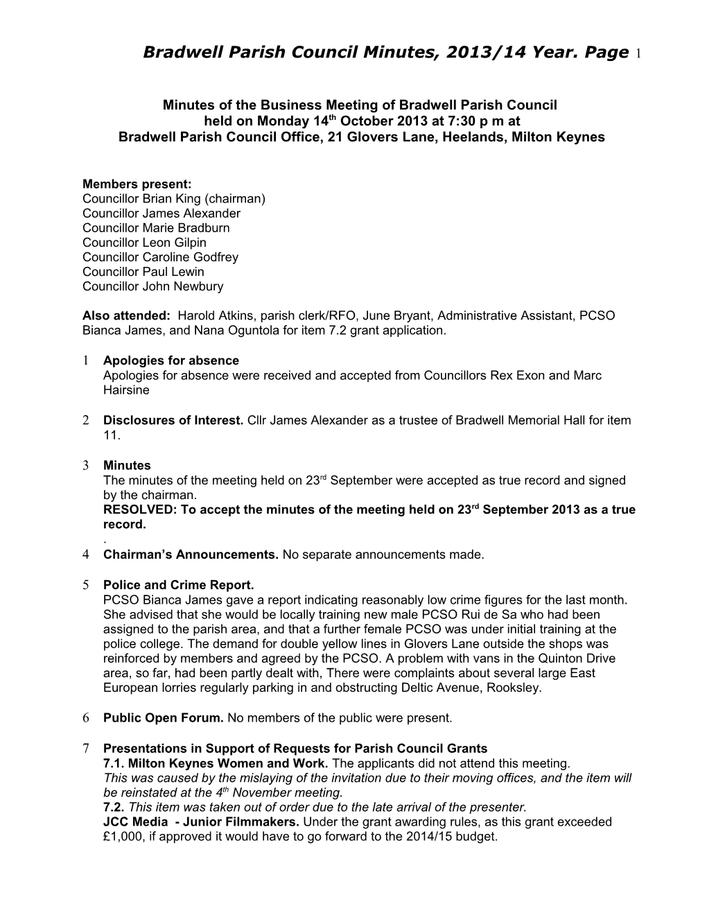 Minutes of the Full Bradwell Parish Council Meeting Held on Monday 16Th April 2007 At s3