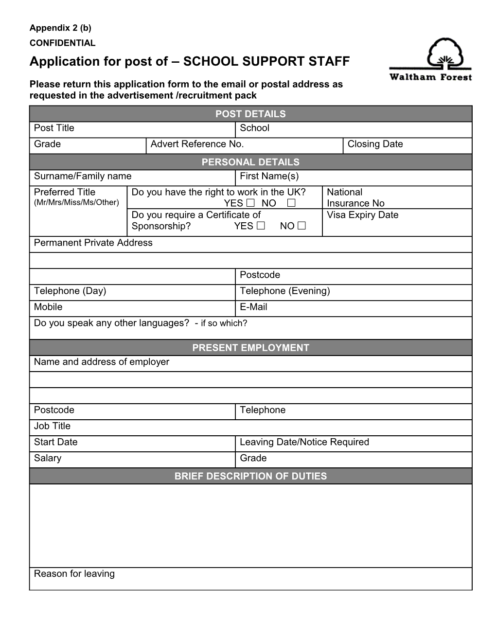 Application for Post of SCHOOL SUPPORT STAFF