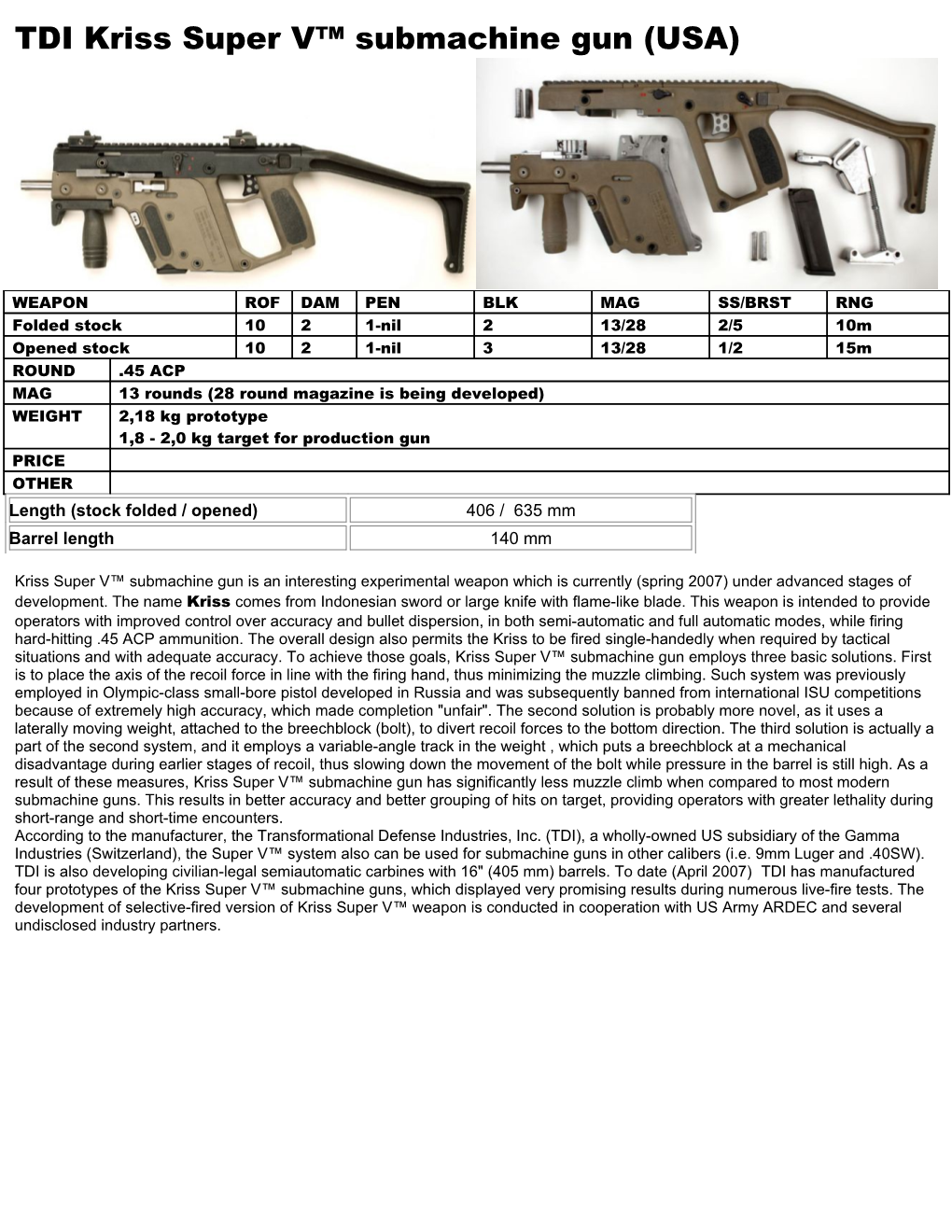 TDI Kriss Super V Submachine Gun (USA)