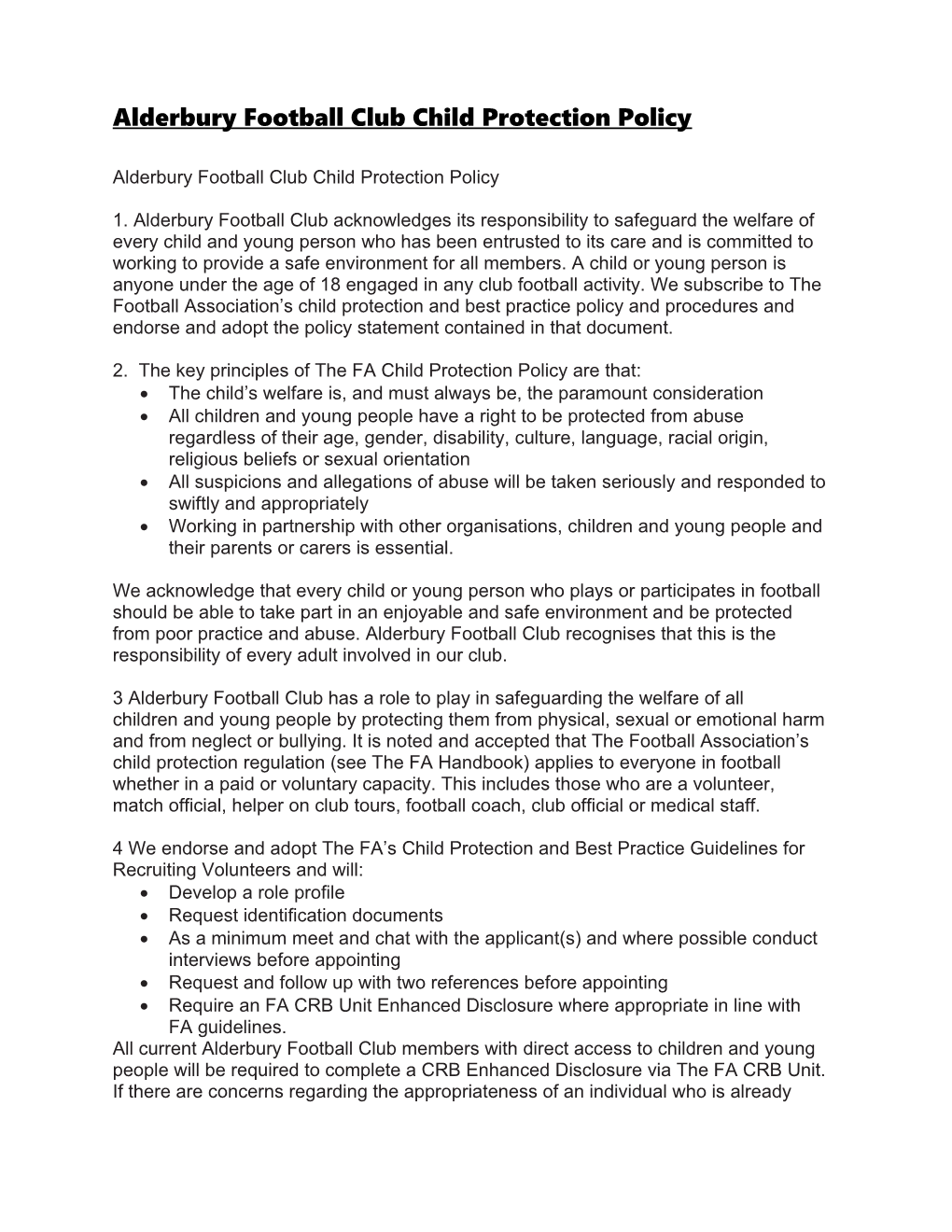 Alderbury Football Club Child Protection Policy