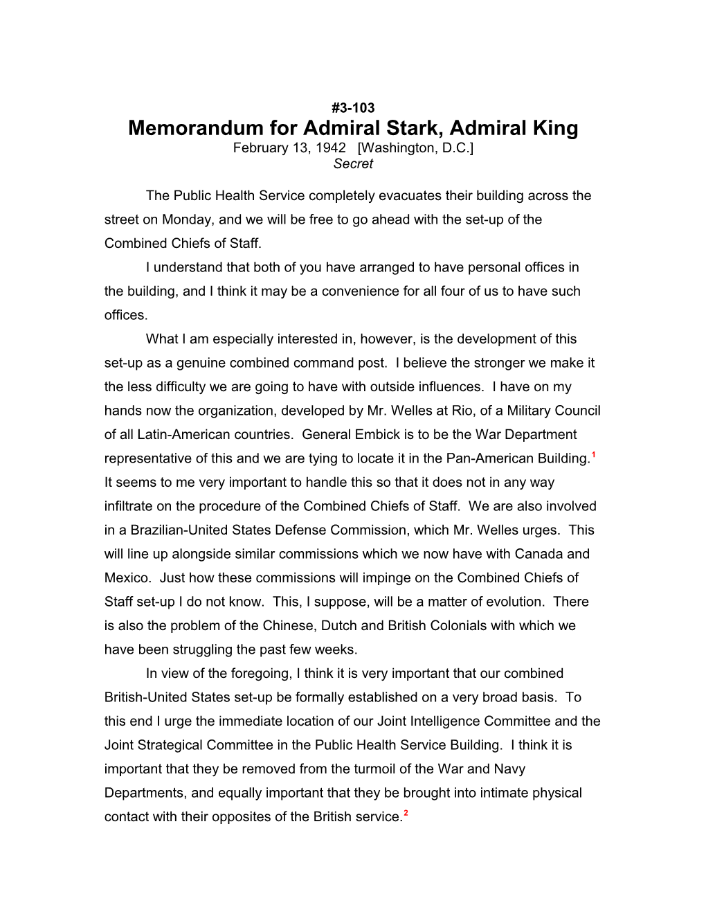Memorandum for Admiral Stark, Admiral King