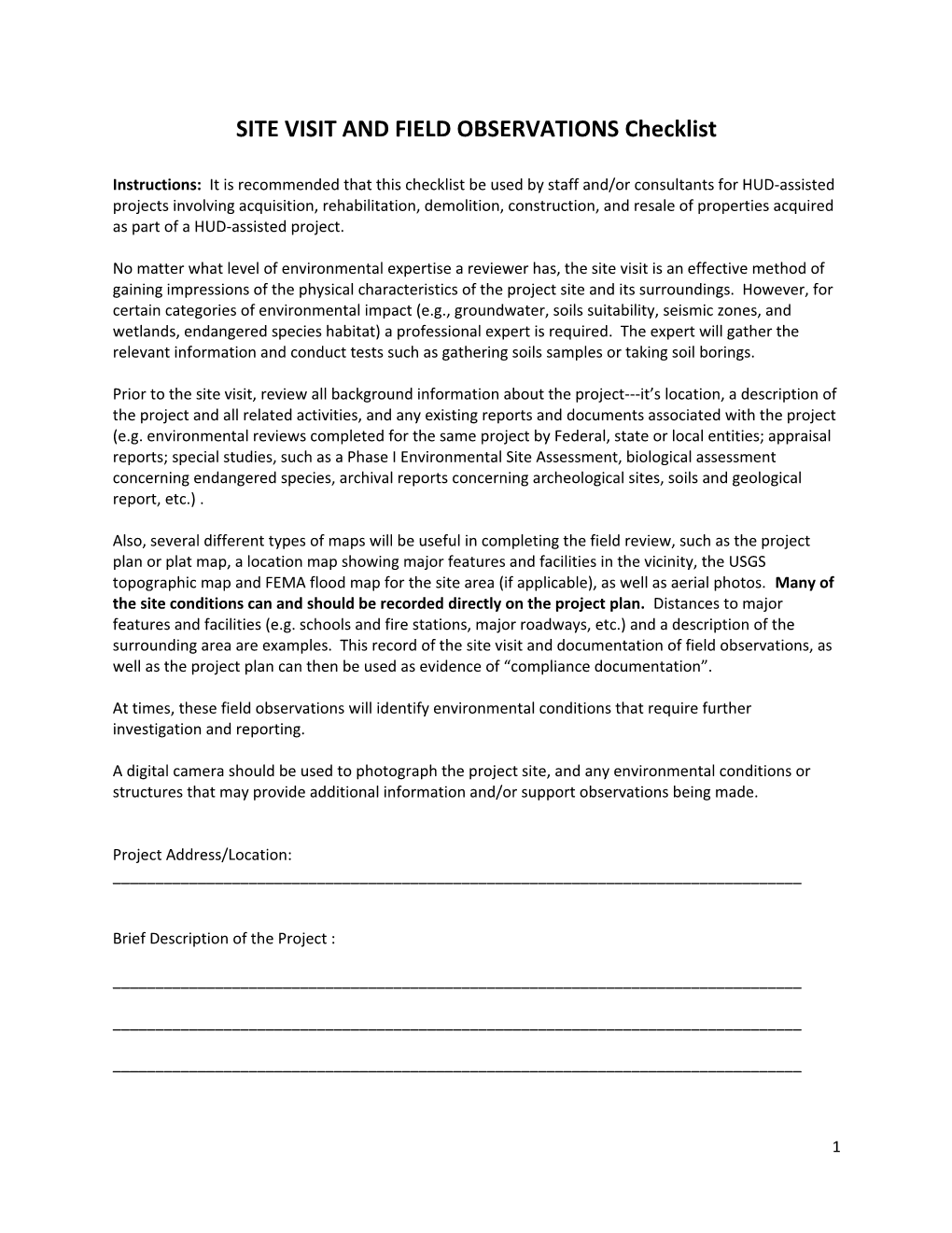 SITE VISIT and FIELD OBSERVATIONS Checklist