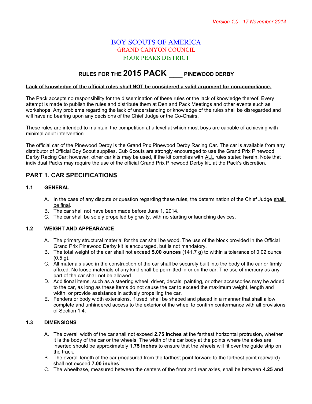 Four Peaks District Pinewood Derby Rules - 2013 BOY SCOUTS of AMERICA