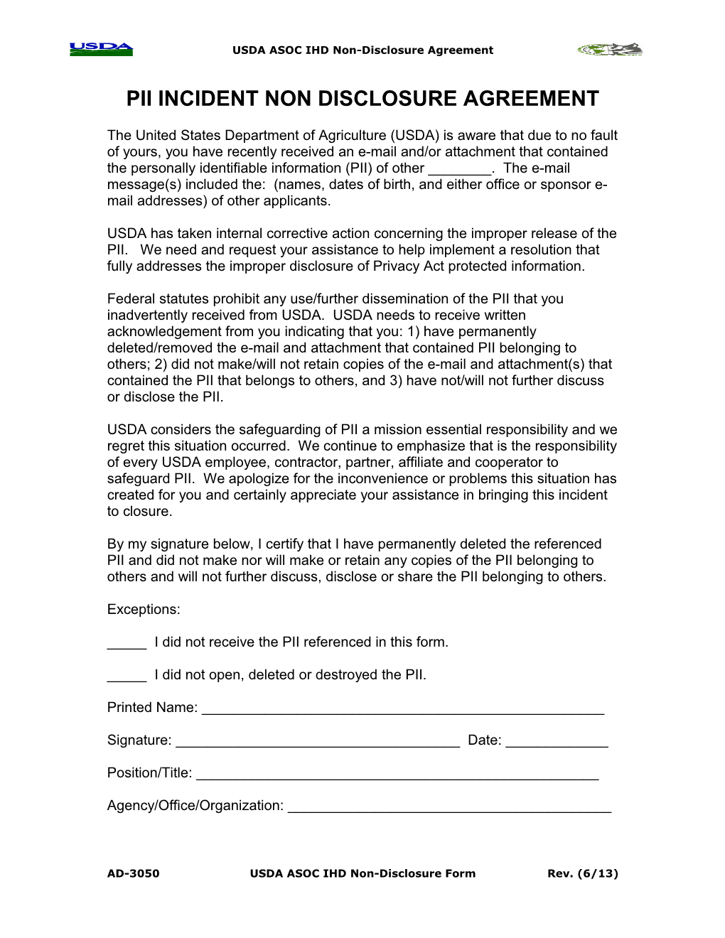 USDA ASOC IHD Non-Disclosure Agreement
