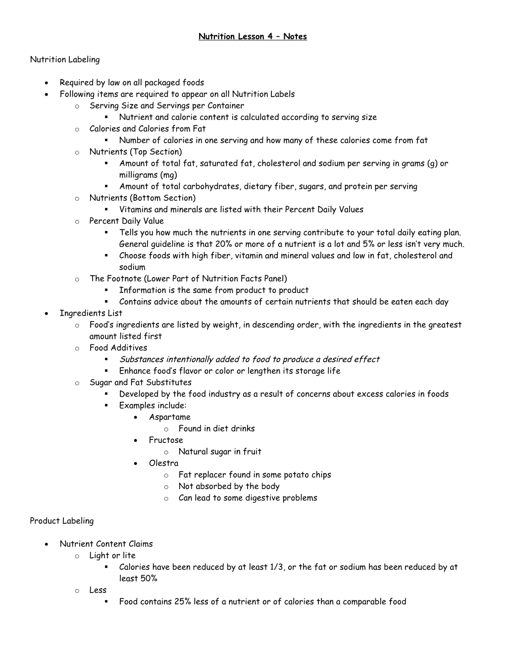 Nutrition Lesson 4 Notes