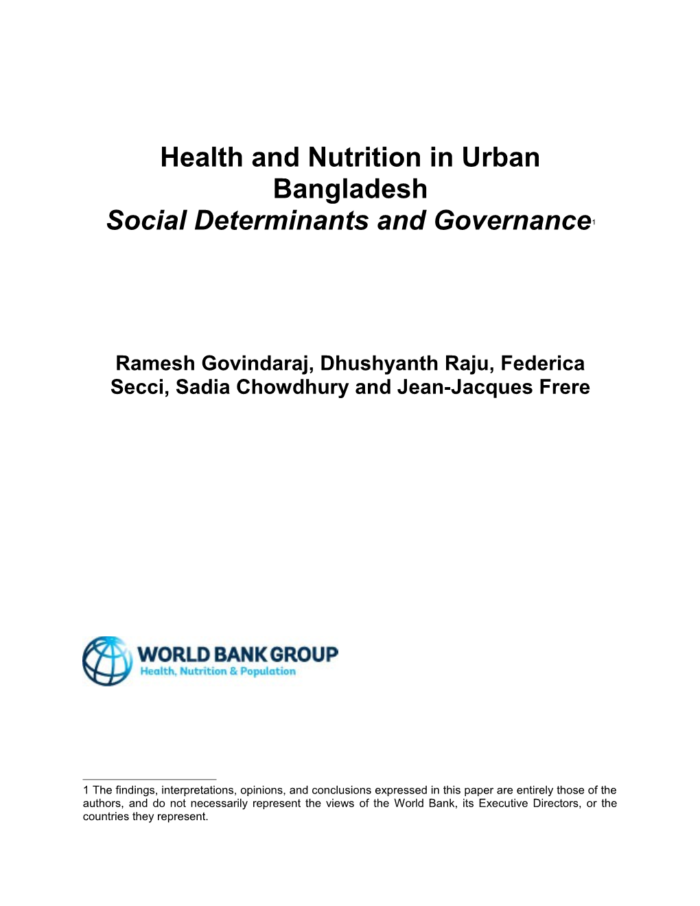 Health and Nutrition in Urban Bangladesh Social Determinants and Governance