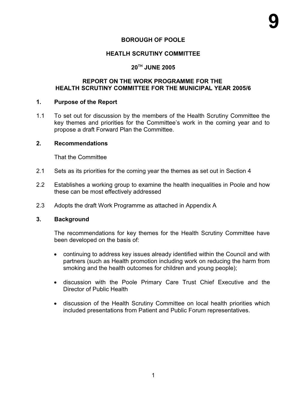 The Work Programme for the Health Scrutiny Committee for the Municipal Year 2005/6