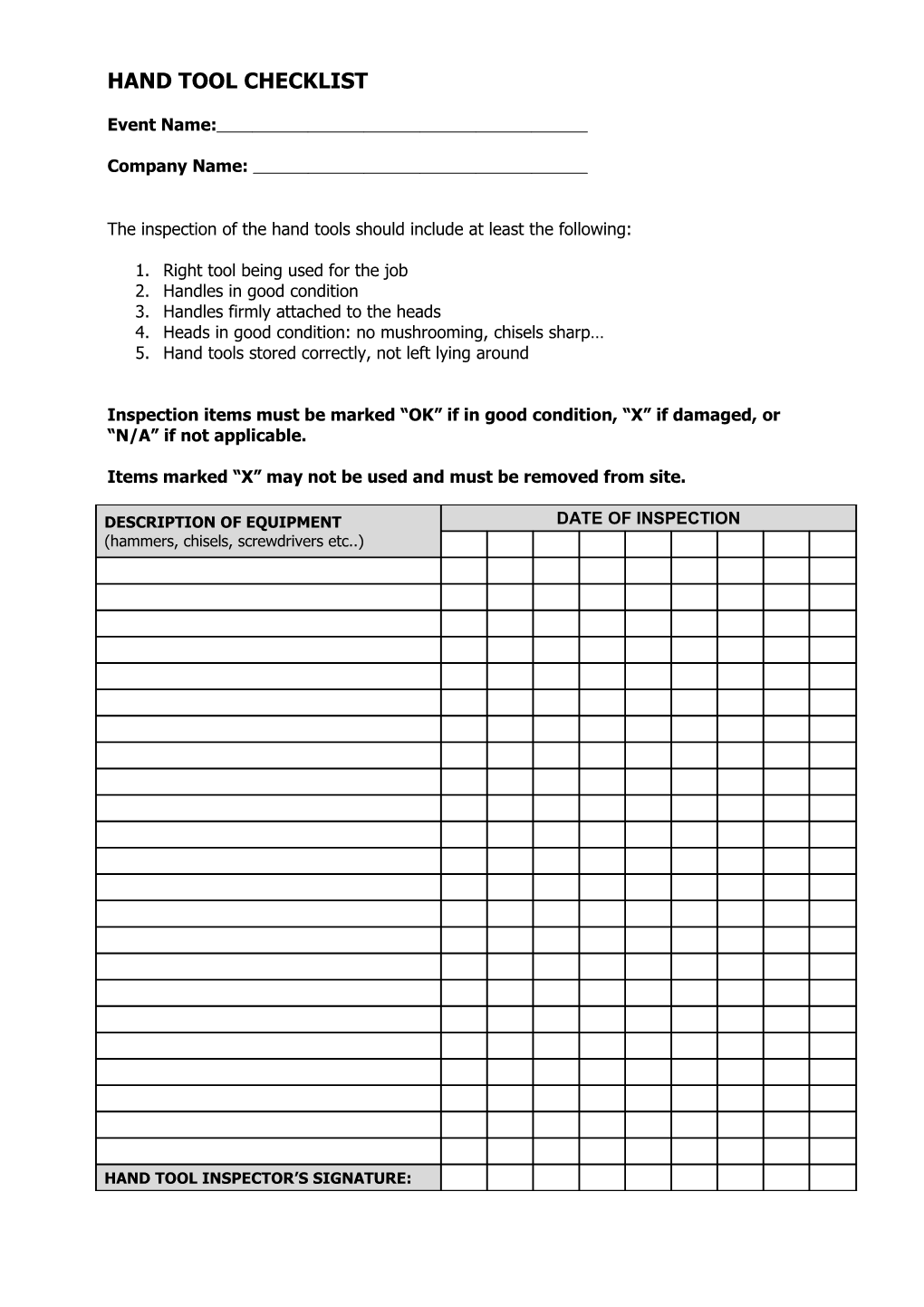 Hand Tool Checklist