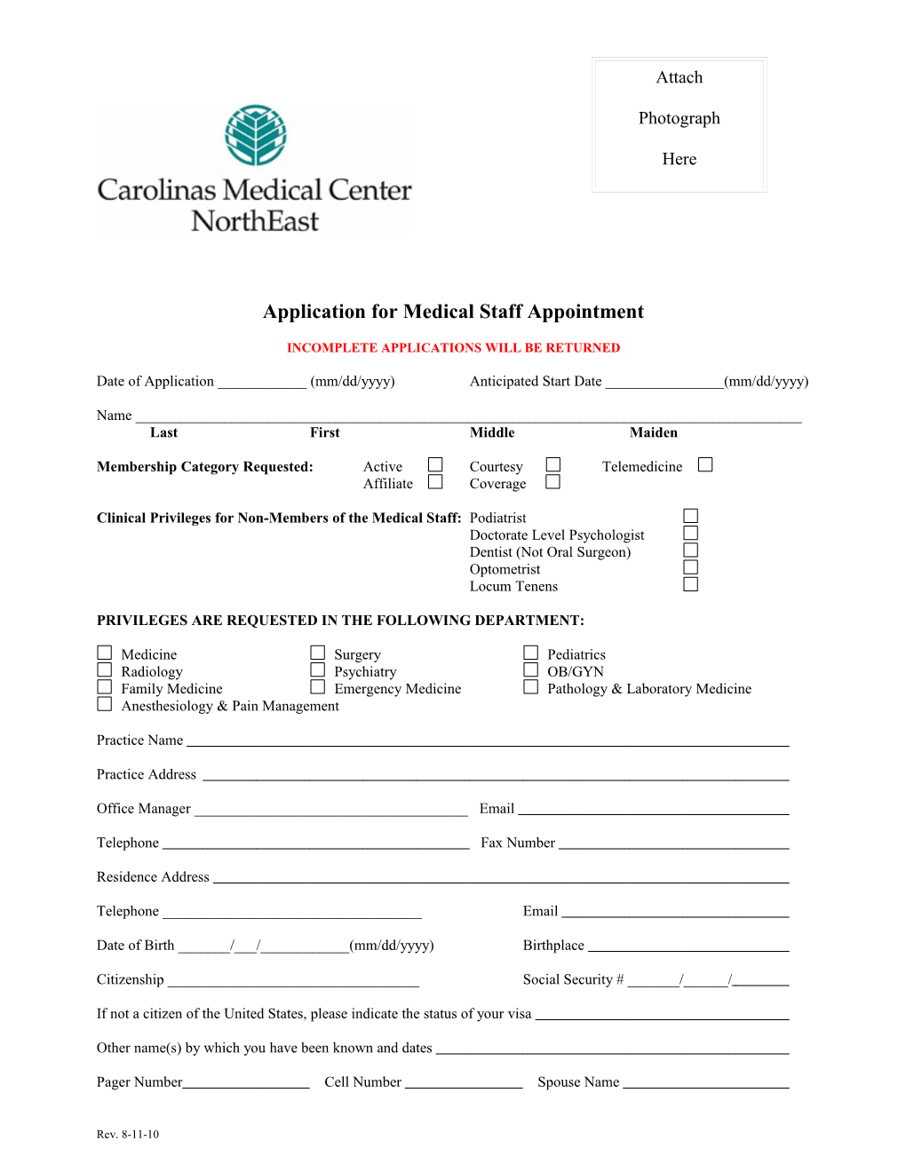 Application For Medical Staff Appointment