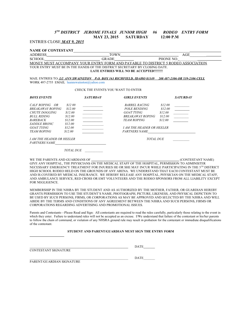 5Th District Finals Jerome High School Rodeo Entry Form