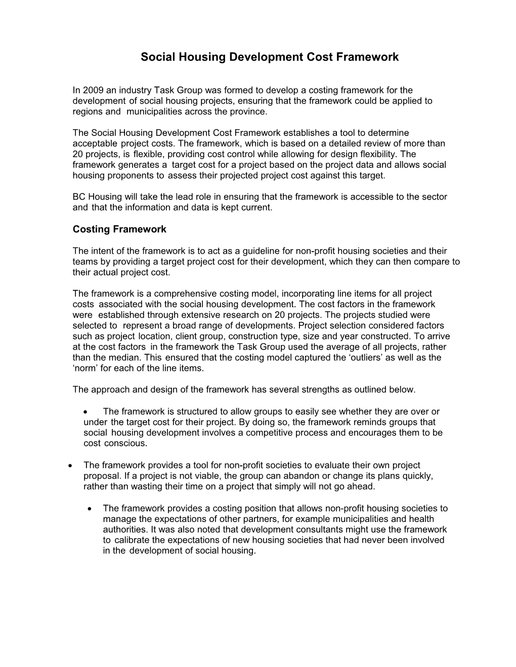 Social Housing - Development Cost Target Framework