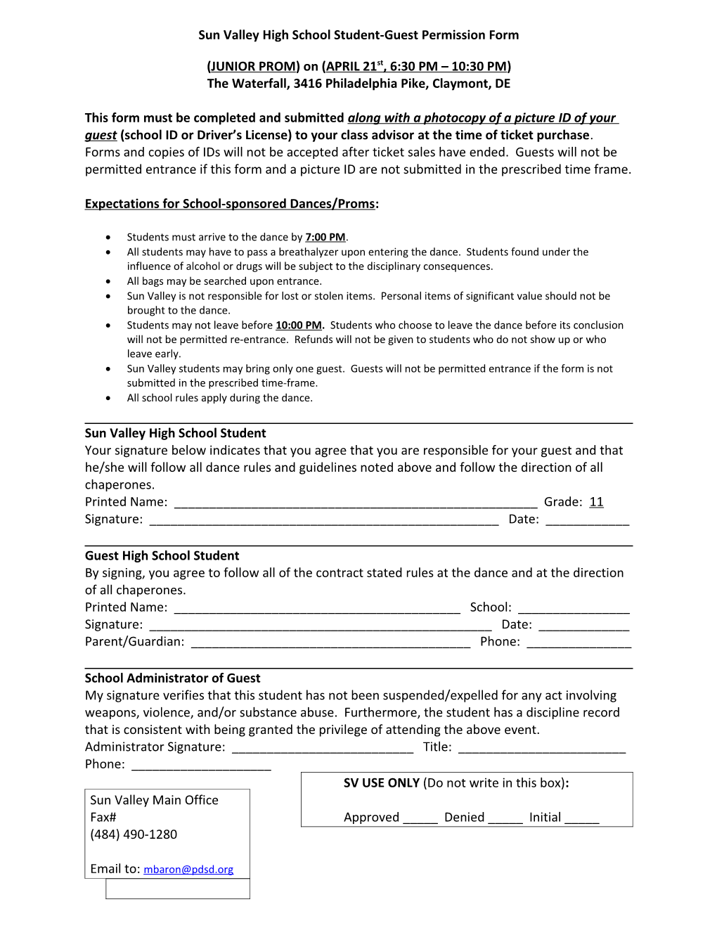 Sun Valley High School Student-Guest Permission Form