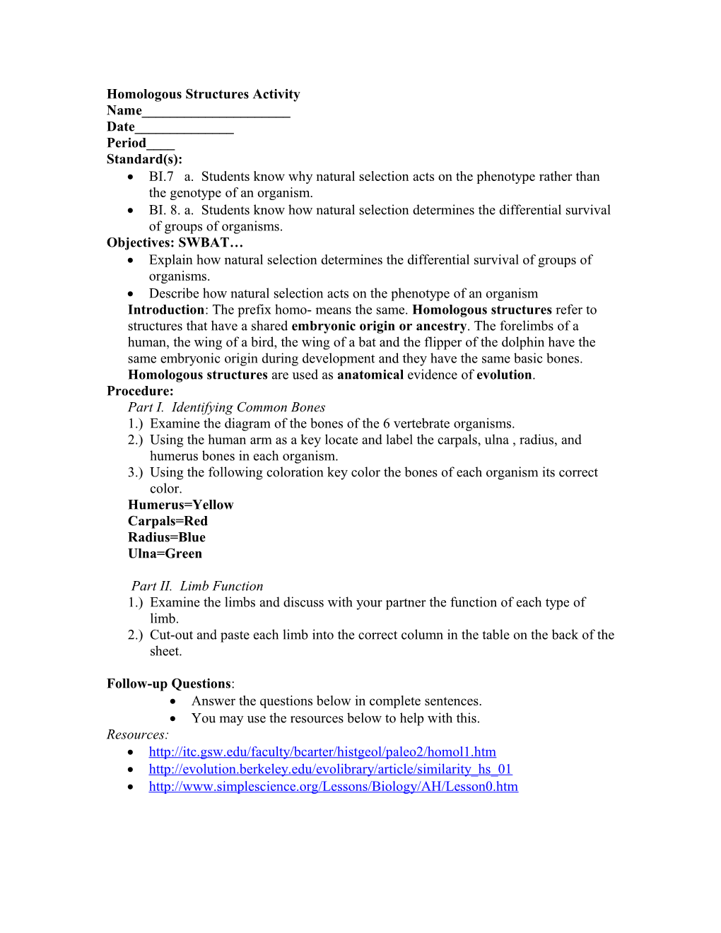 Homologous Structures Activity