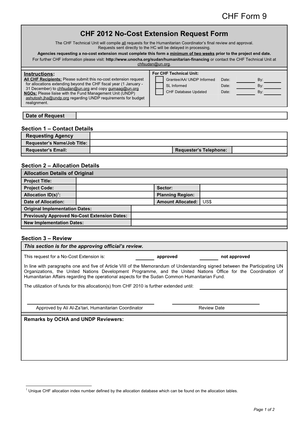 CHF 2012 Form 9 No Cost Extension Request