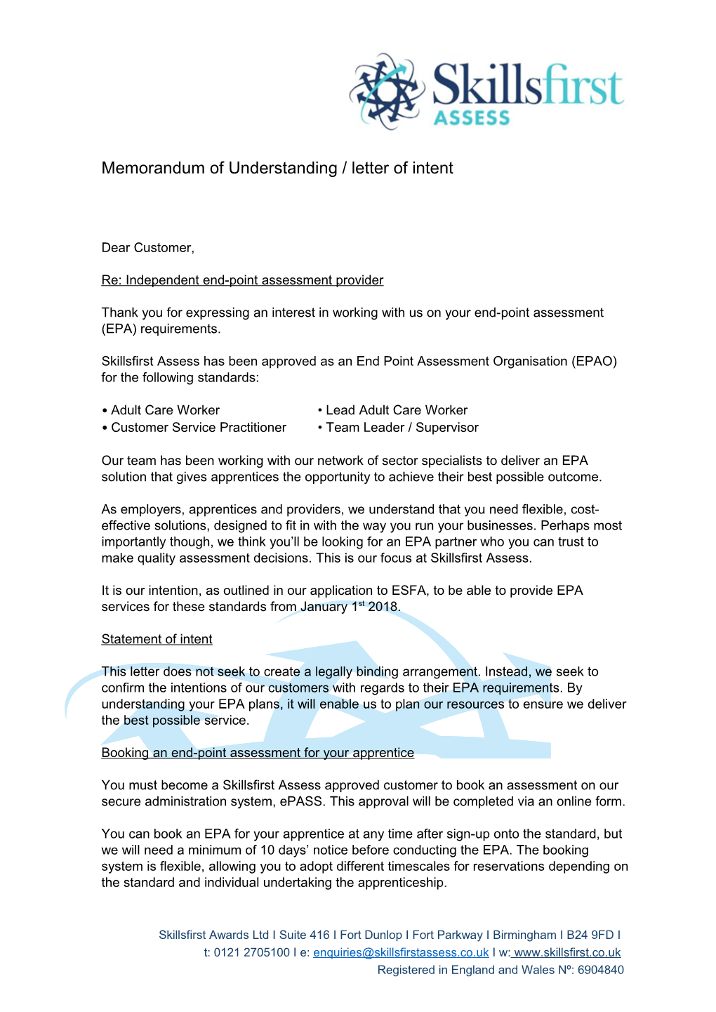 Memorandum of Understanding / Letter of Intent