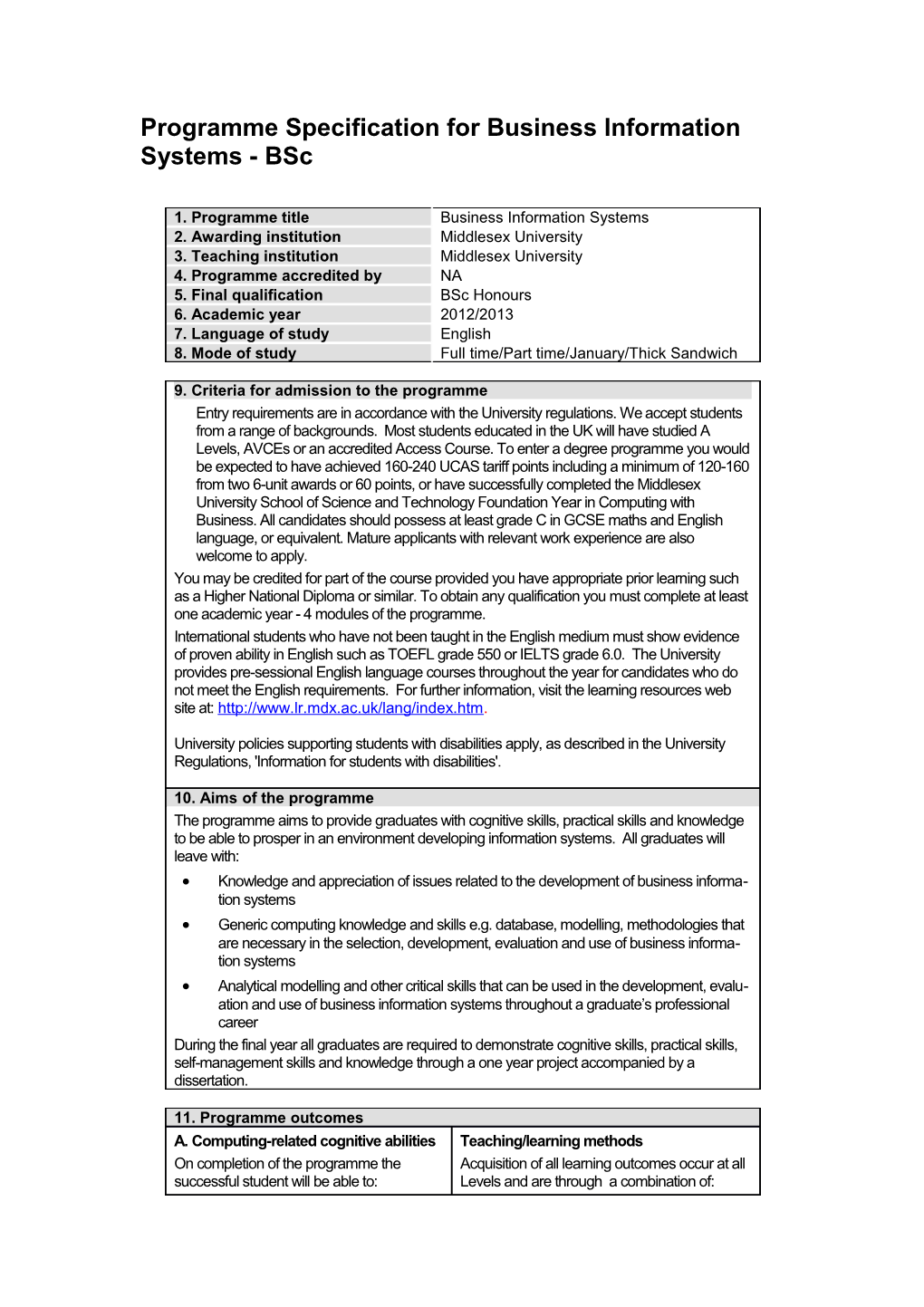 Programme Specification for Business Information Systems - Bsc