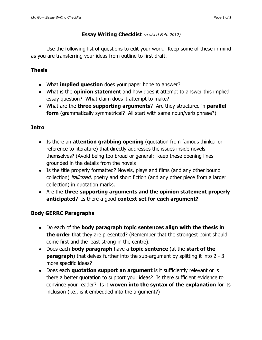 Essay Writing Checklist (Revised Feb