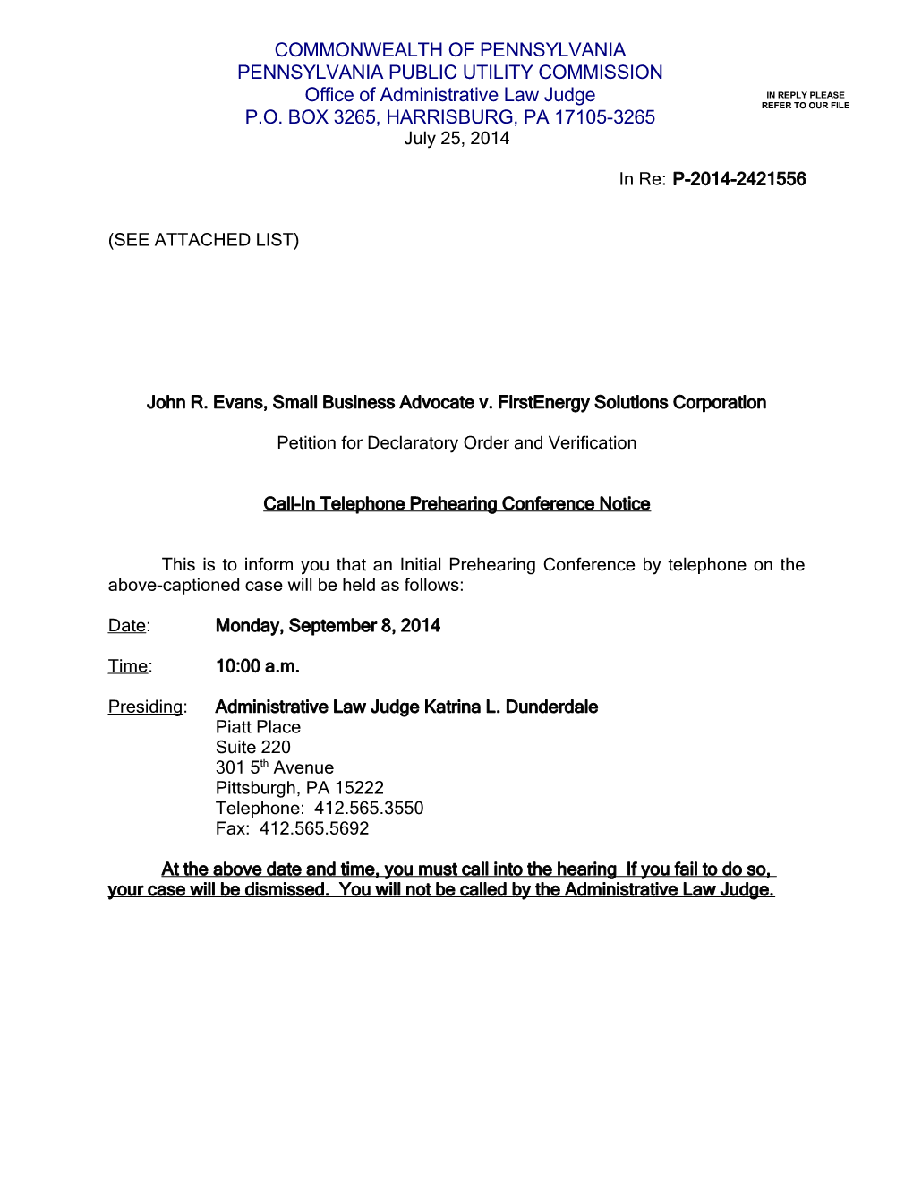 Pittsburgh Telephonic Prehearing Conference Notice