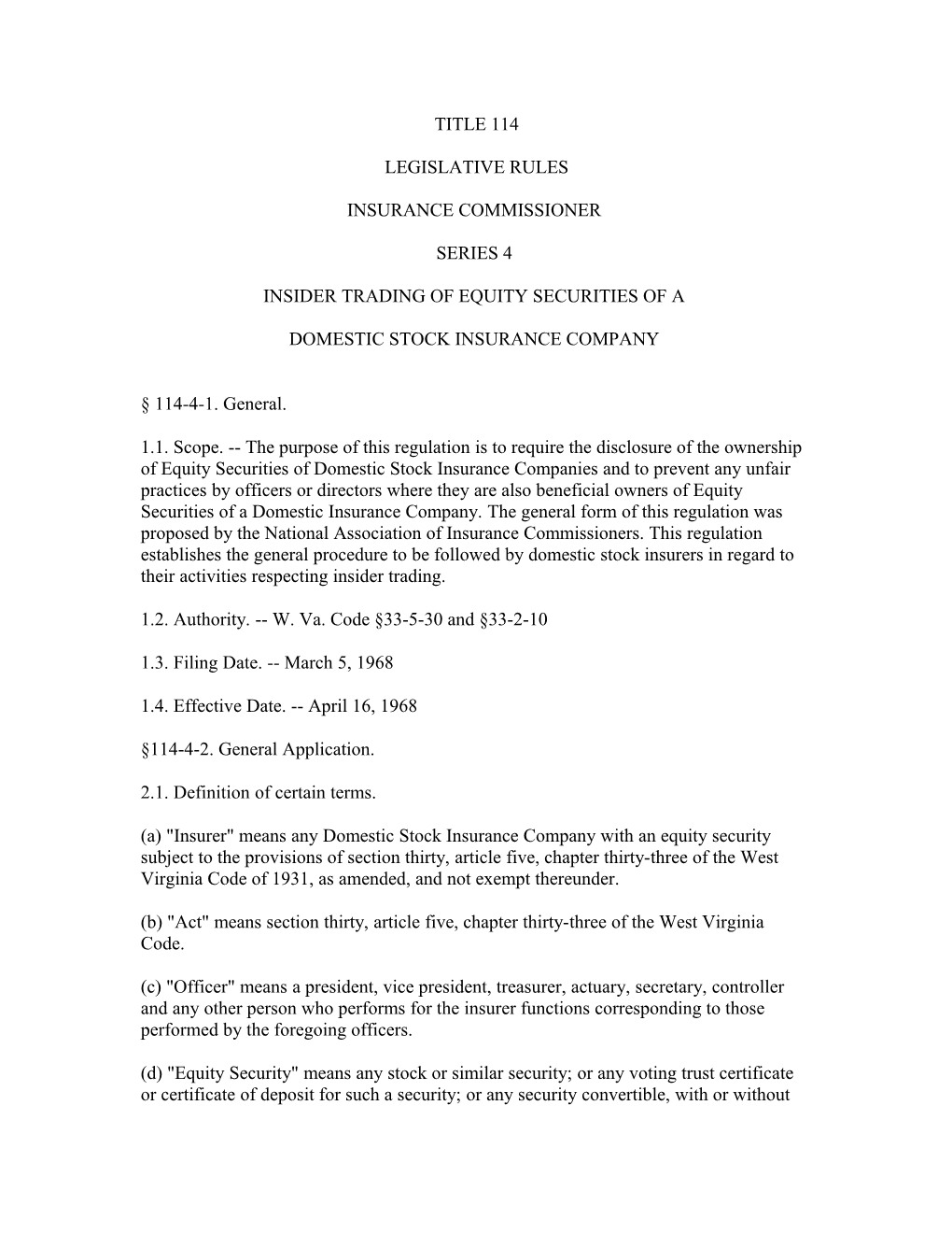 Title 114 Legislative Rules Insurance Commissioner Series 4 Insider Trading of Equity Securities