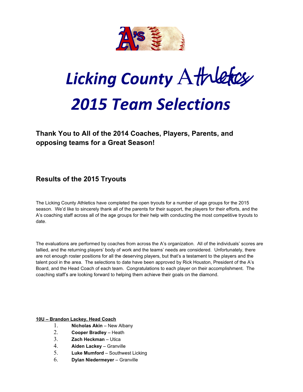 2015 Team Selections