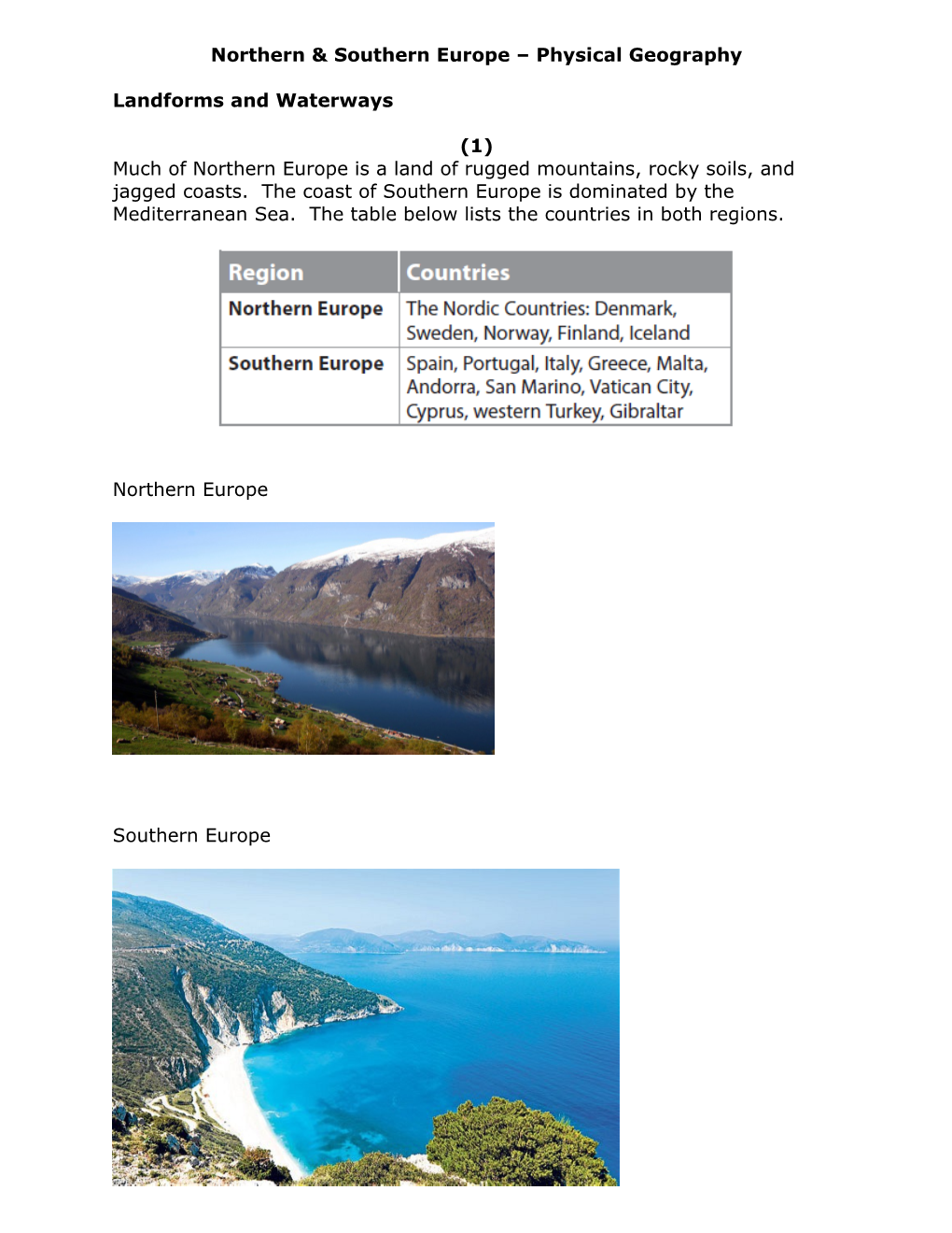 Northern & Southern Europe Physical Geography
